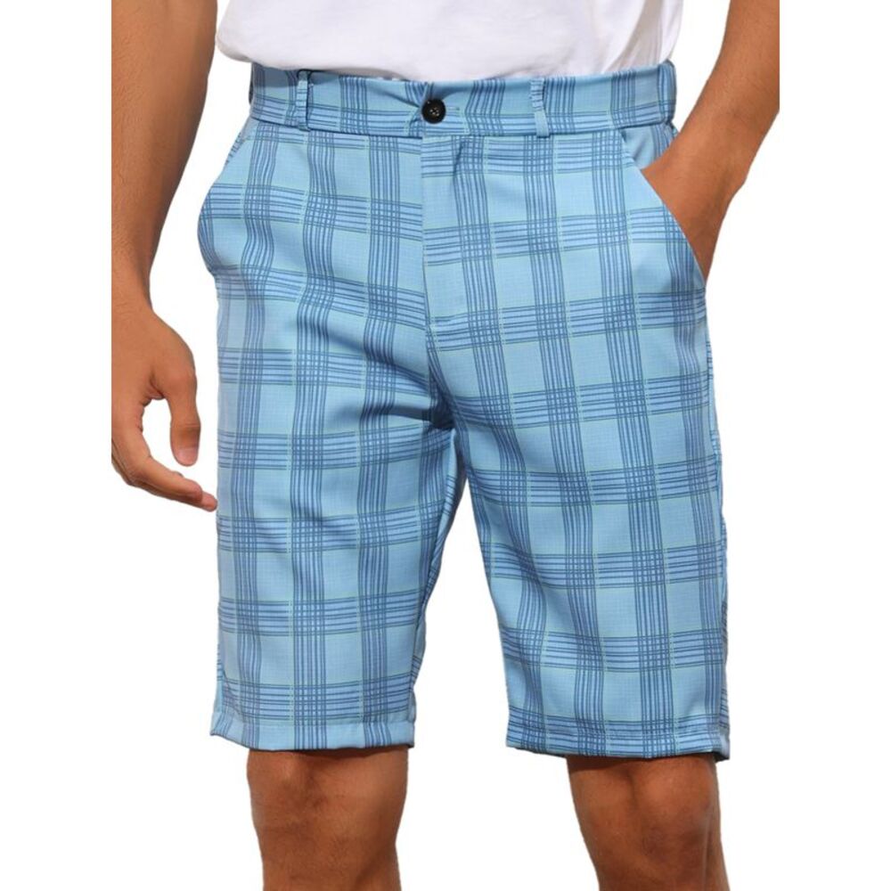 Blue Plaid Shorts Straight Fit Comfort Flat Front Checked Shorts